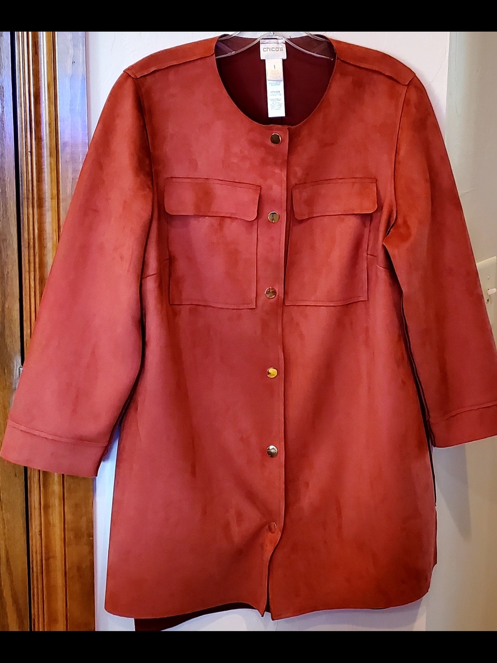 CHICO'S Sz 1 (8-10) Rust Red 32" Vegan Suede Blazer w/Gold Snaps & 2  Pockets